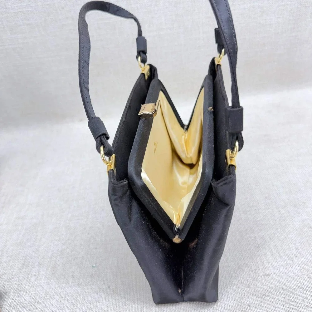 Miss Lewis Vintage Black Satin Evening Bag Gold Kiss Lock Triple Compartment